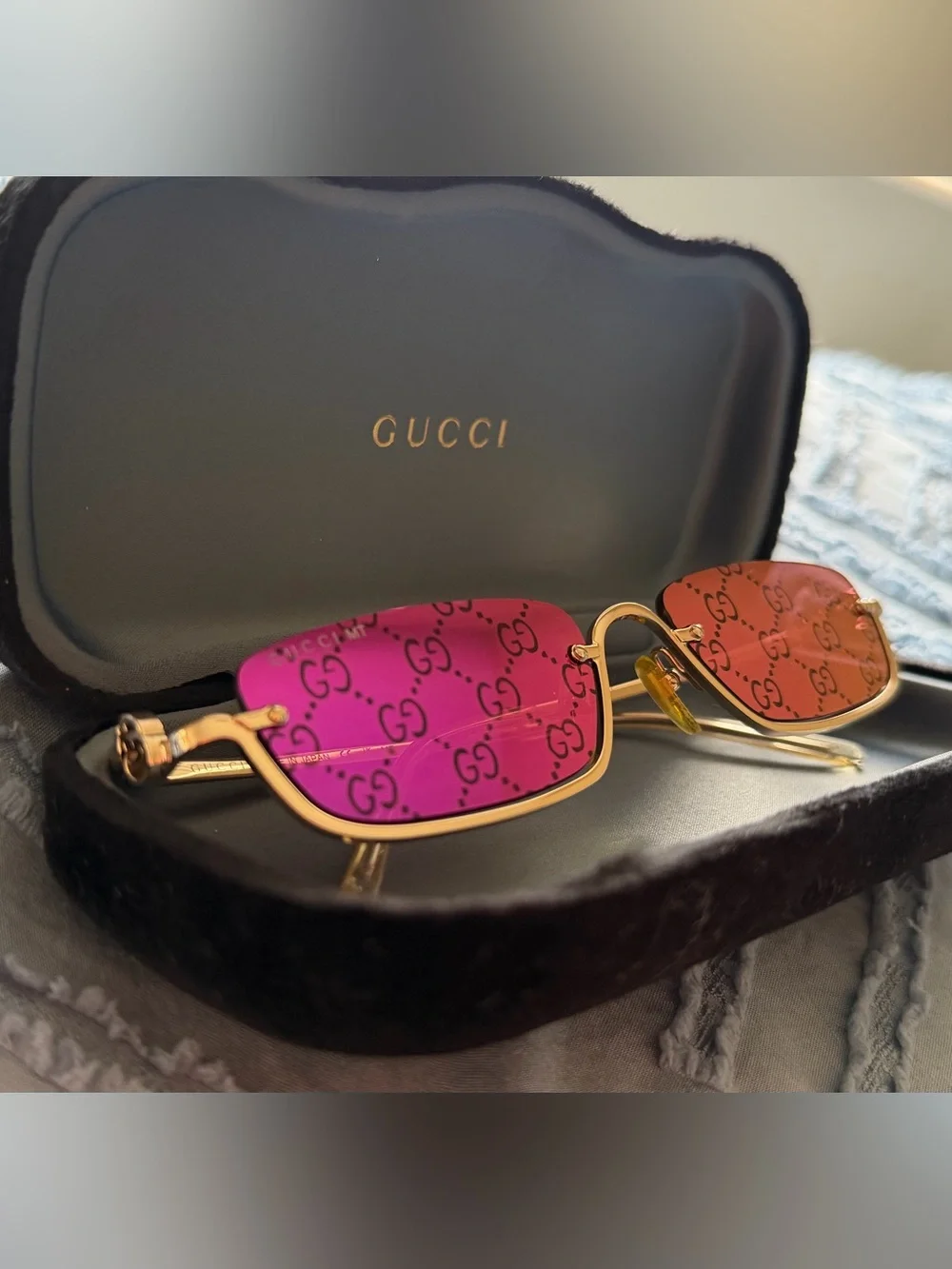 Gucci Gold Frame Sunglasses with Purple GG Logo Lenses